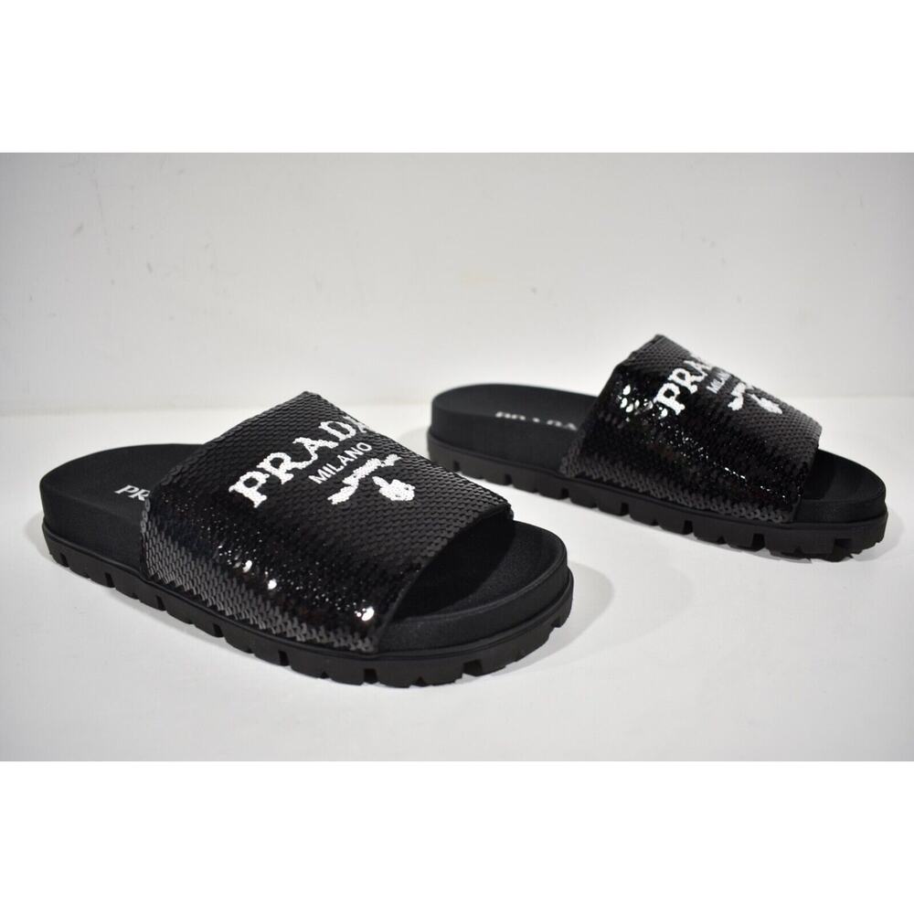 Prada Black Sequin White Logo Slide Sandal Slip On Pool Flip Flop Flat 37.5 - Picture 2 of 11